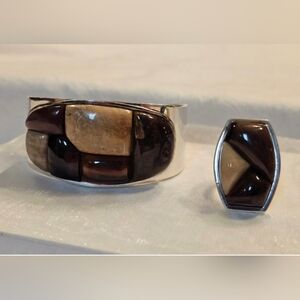 Vintage Jay King DTR 925 Sterling Silver Agate Mosaic Cuff Bracelet & Ring Set